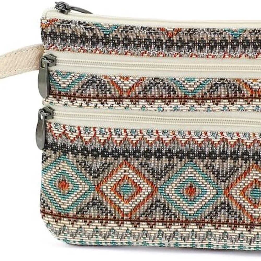 Multi-Color Polyester Jacquard Zip Clutch with Detachable Strap - Compact Style